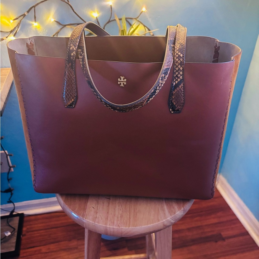 Tory Burch Leather Suede Exotic Curio Tote Bag - Picture 2 of 15
